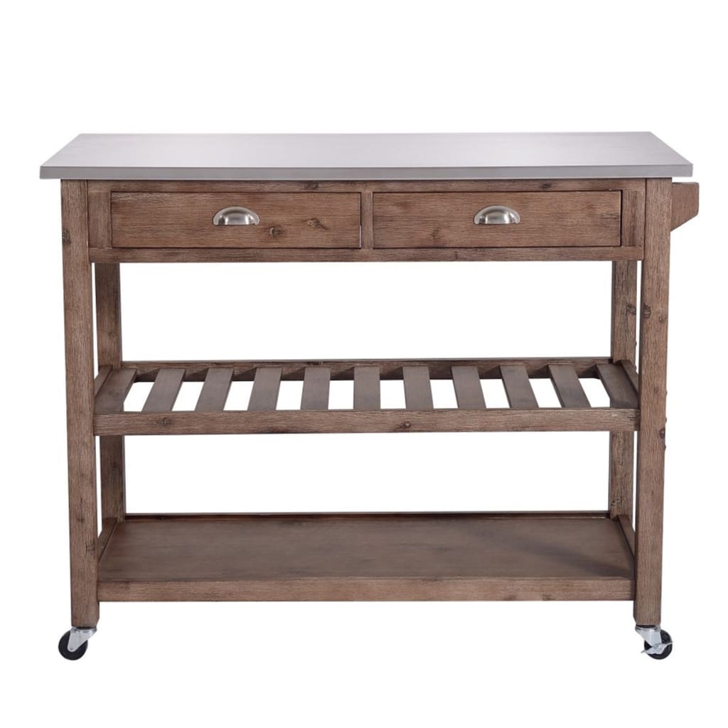 2 Drawers Wooden Kitchen Cart with Metal Top and Casters, Gray and Brown By Casagear Home