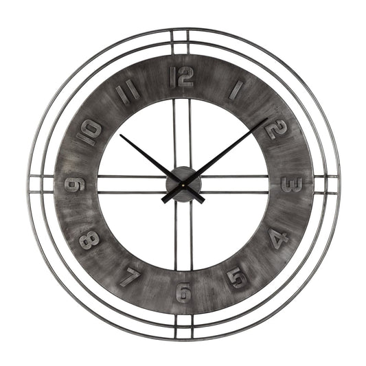 35" Round Metal Wall Clock with Roman Numerals, Gray By Casagear Home