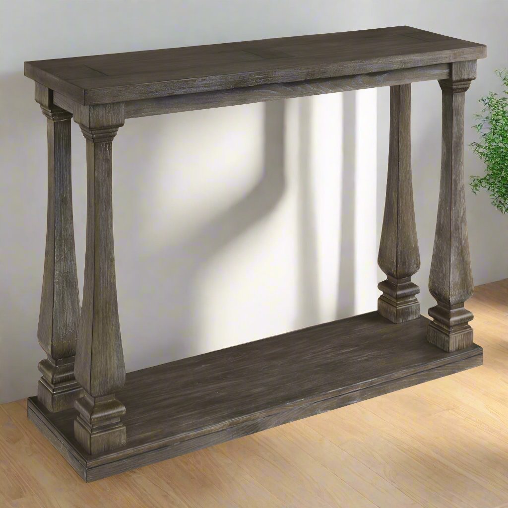 Rectangular Wooden Sofa Table with Square Baluster Legs, Taupe Brown By Casagear Home