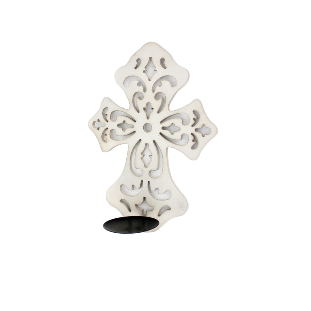 Cross Shaped Wooden Candle Holder with Scrolled Engravings White By Casagear Home BM211079