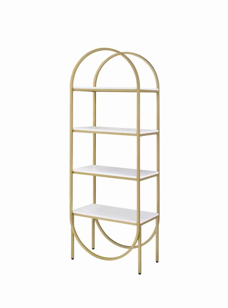 78" 4 Tier Arc Shape Wood and Metal Bookshelf, White and Gold By Casagear Home