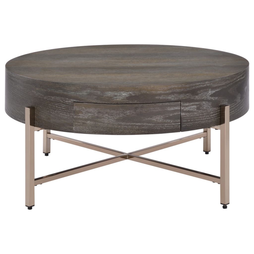 1 Drawer Round Modern Coffee Table with Crossed Metal Legs, Brown and Gold By Casagear Home