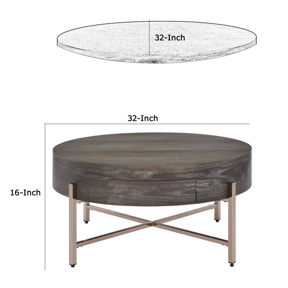 1 Drawer Round Modern Coffee Table with Crossed Metal Legs Brown and Gold By Casagear Home BM215037