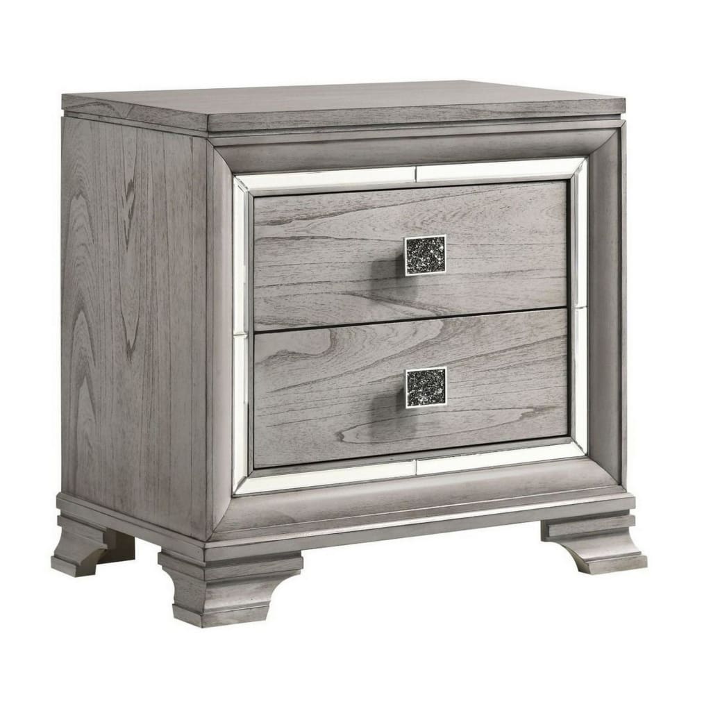 2 Drawer Nightstand with Mirror Accents, Gray By Casagear Home