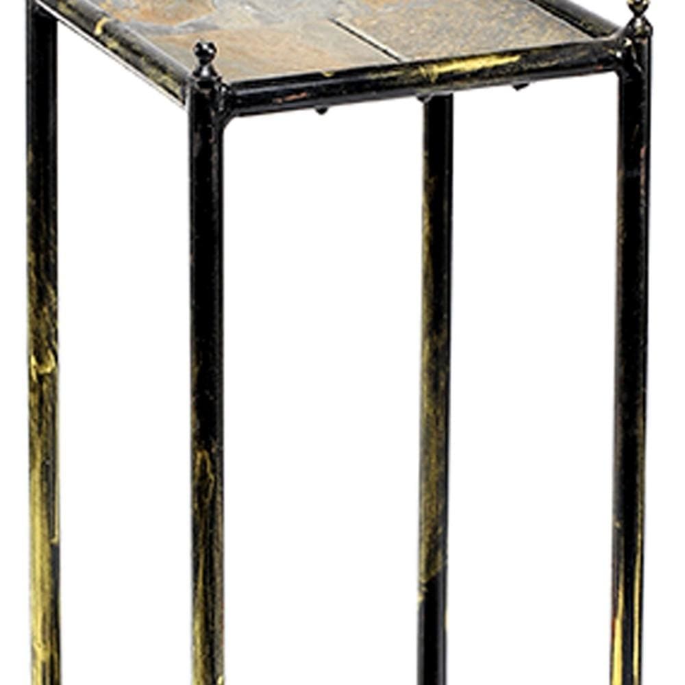 2 Tier Square Stone Top Plant Stand with Metal Frame Small Black and Gray By Casagear Home BM216732