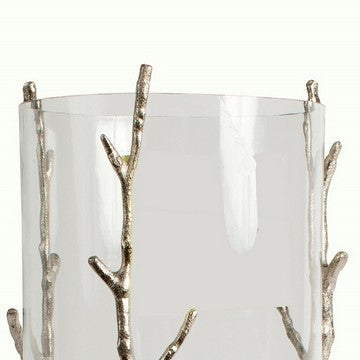 Cylindrical Glass Lantern with Metal Branch Like Body Medium Silver By Casagear Home BM216989