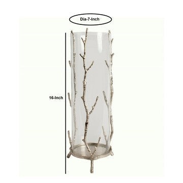 Cylindrical Glass Lantern with Metal Branch Like Body Medium Silver By Casagear Home BM216989