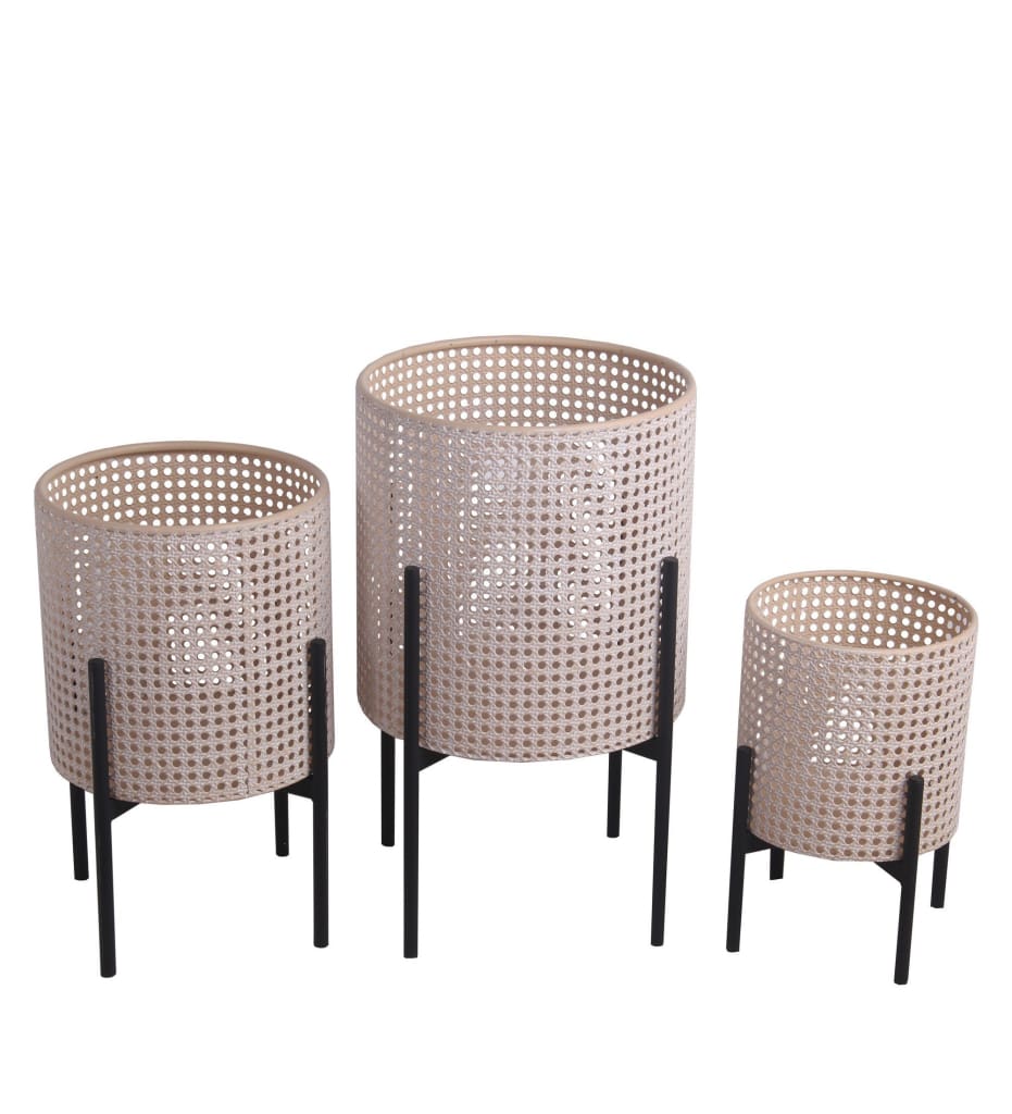 Round Lattice Design Planter, Set of 3, Black and Beige By Casagear Home