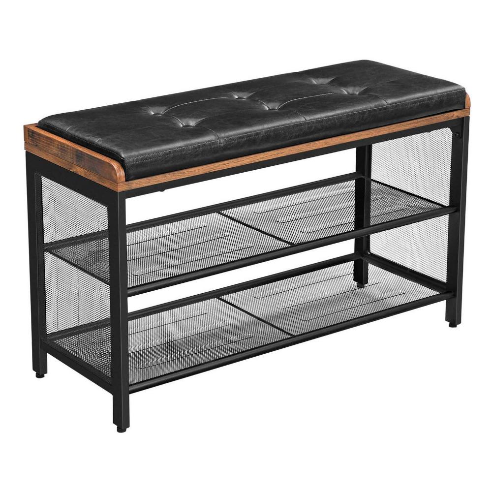 32 Button Tufted Shoe Rack Bench Vegan Faux Leather Seat 2 Mesh Shelves Black Brown By Casagear Home BM217075