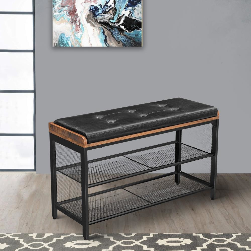 32 Button Tufted Shoe Rack Bench Vegan Faux Leather Seat 2 Mesh Shelves Black Brown By Casagear Home BM217075