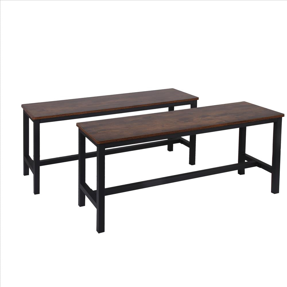 42" Wooden Top Indoor Bench with Metal Legs, Set of 2, Rustic Brown and Black By Casagear Home