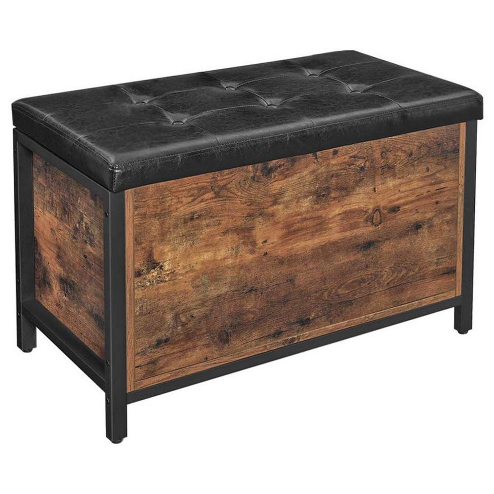 32 Inch Industrial Button Tufted Flip Top Storage Bench Vegan Faux Leather Black Rustic Brown By Casagear Home BM217098