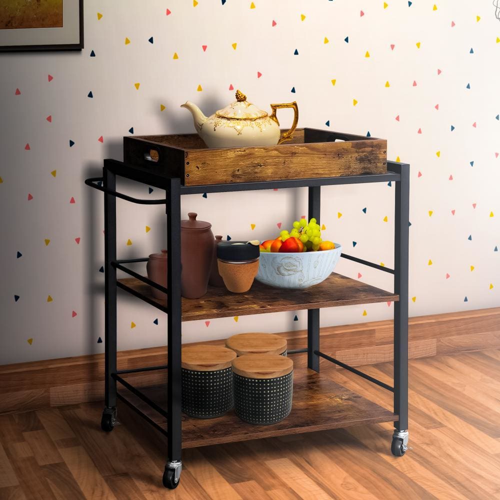 25" Tray Top Kitchen Cart with 2 Shelves and Casters Brown and Black By Casagear Home