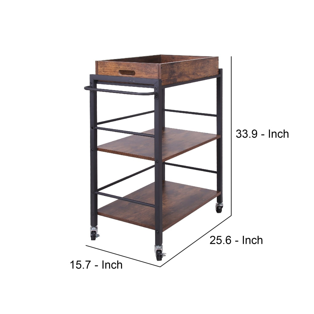 25 Tray Top Kitchen Cart with 2 Shelves and Casters Brown and Black By Casagear Home BM217112