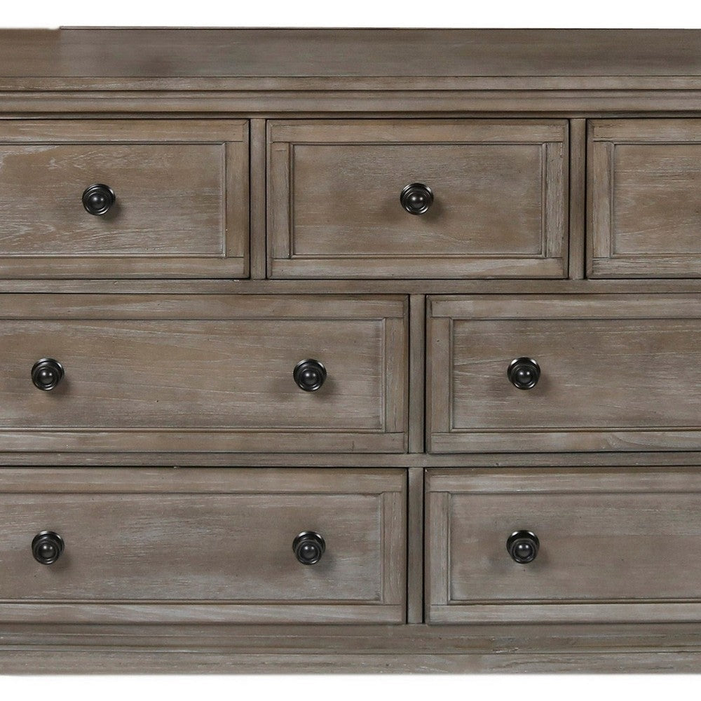 7 Drawer Wooden Dresser with Metal Pulls and Bun Feet Distressed Brown By Casagear Home BM218199