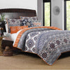 Damask Print Queen Quilt Set with Embroidered Pillows, Blue and Orange By Casagear Home