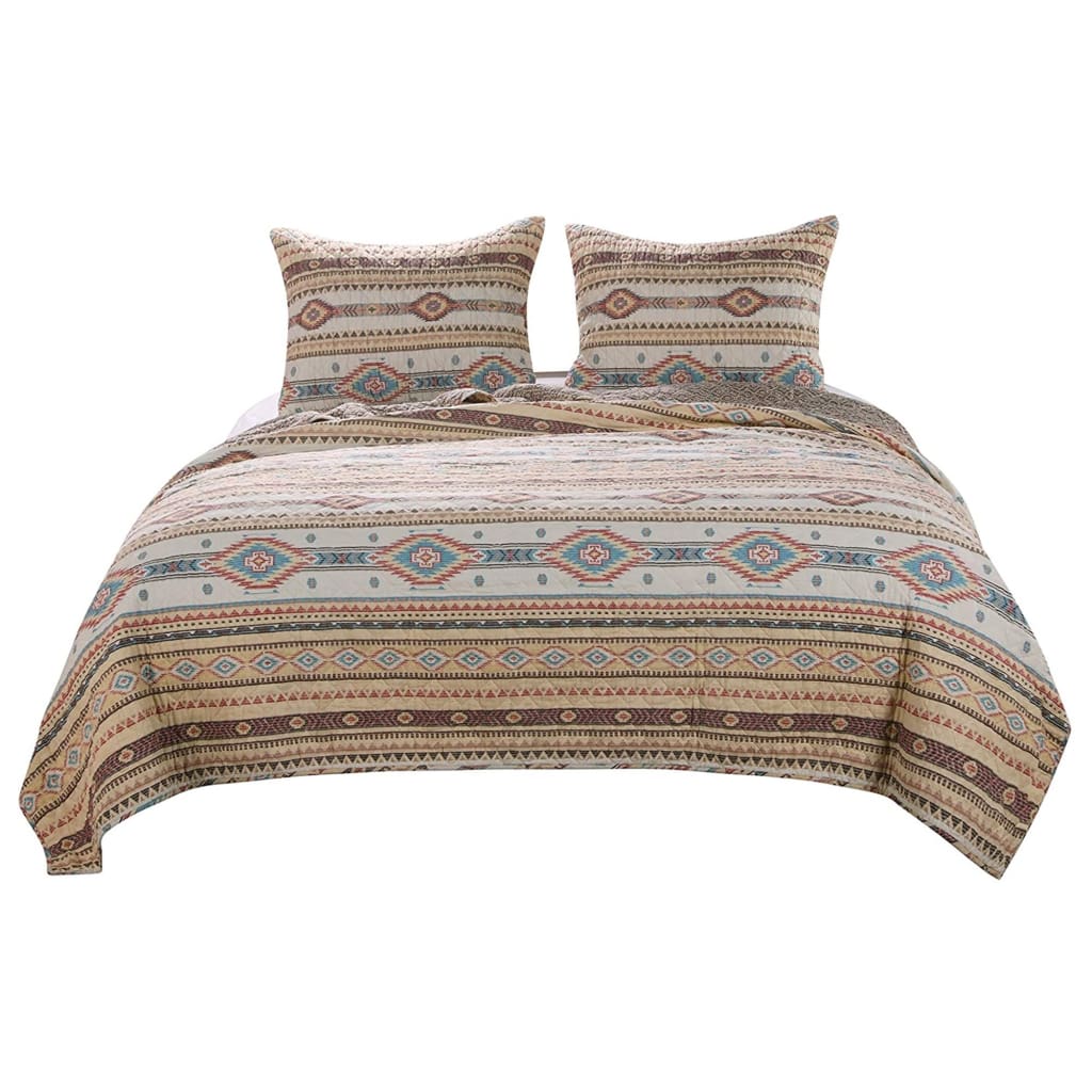 King Size 3 Piece Polyester Quilt Set with Kilim Pattern, Multicolor By Casagear Home