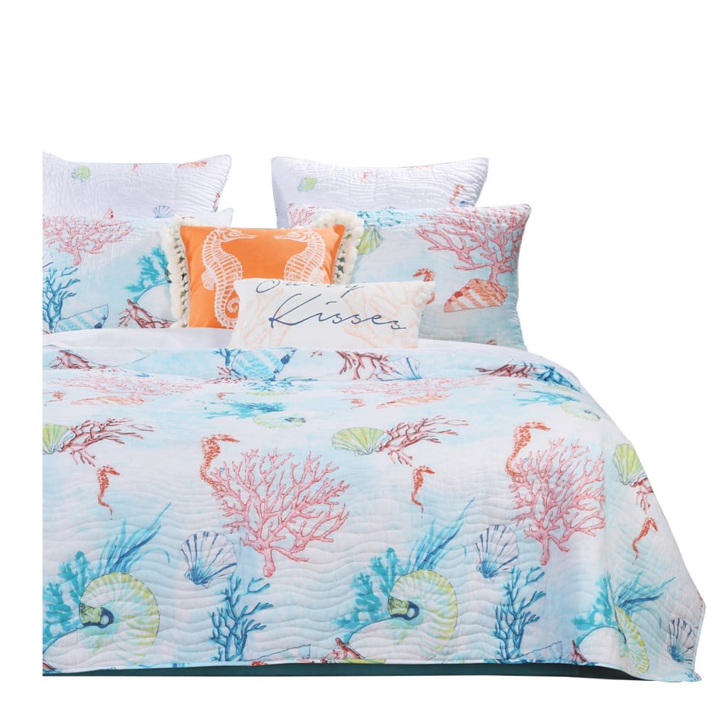 Full Size 3 Piece Polyester Quilt Set with Coral Prints, Multicolor By Casagear Home