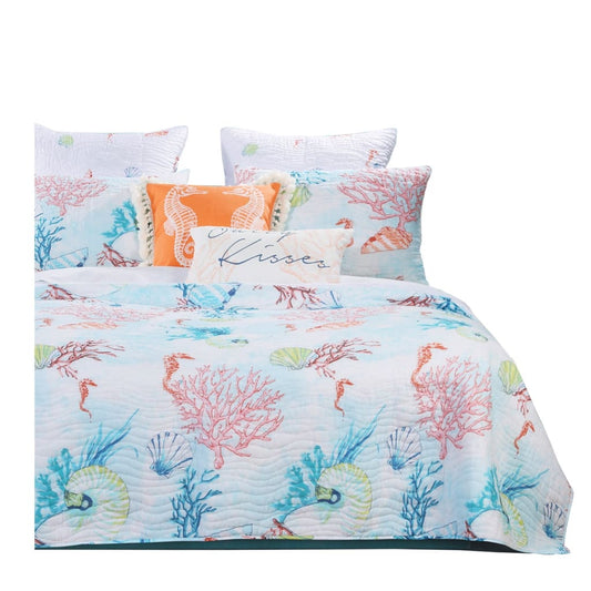 Full Size 3 Piece Polyester Quilt Set with Coral Prints, Multicolor By Casagear Home