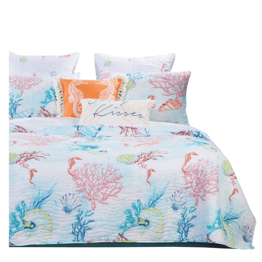 King Size 3 Piece Polyester Quilt Set with Coral Prints, Multicolor By Casagear Home