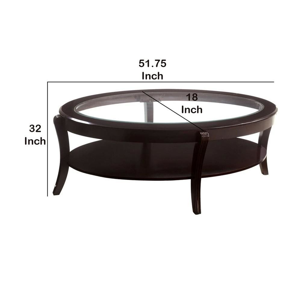 18 Oval Wooden Cocktail Table with Glass Insert Espresso By Casagear Home BM219905