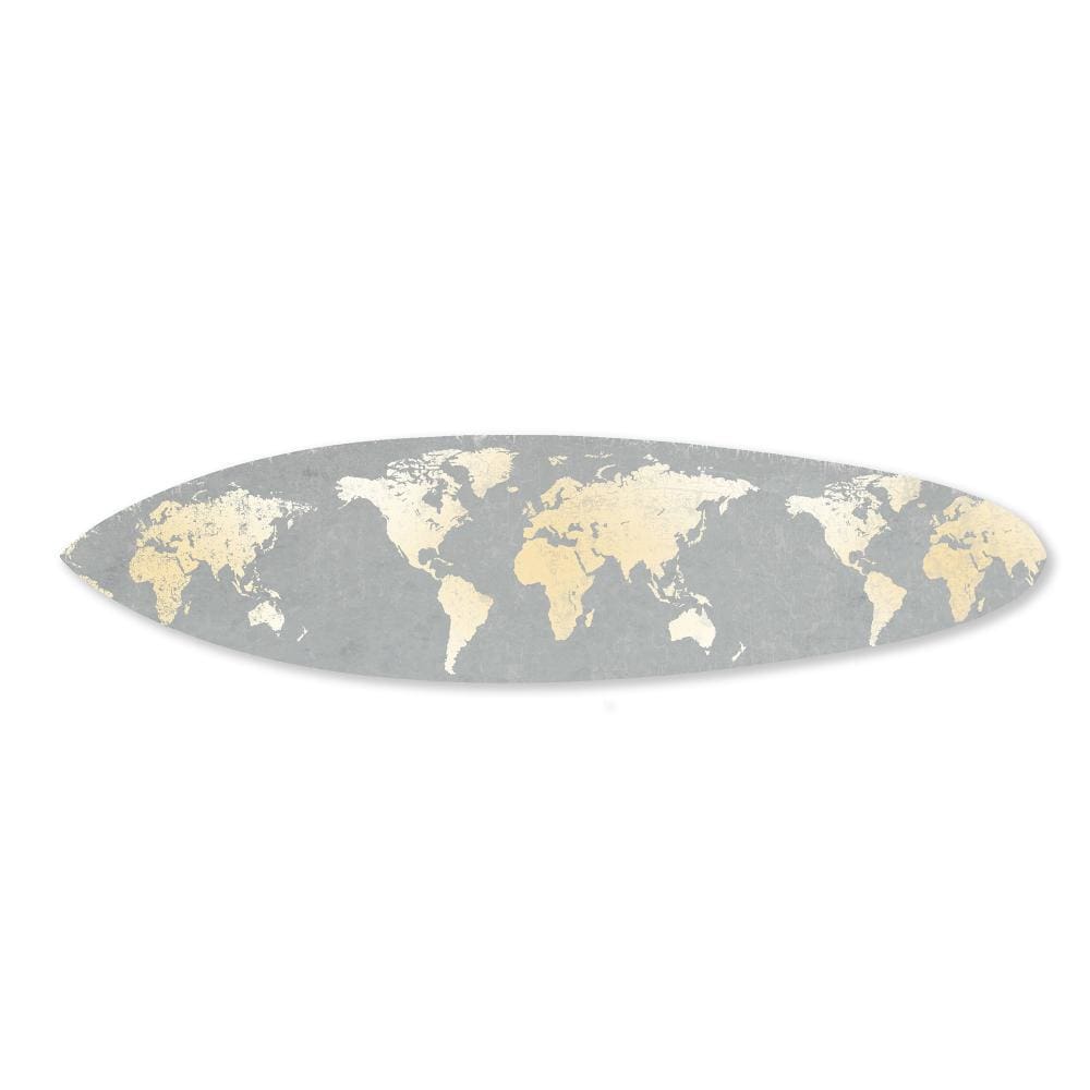 Wooden Surfboard Wall Art with World Map Print Gray and White BM220210