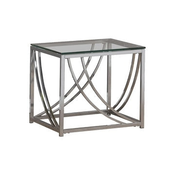 Tempered Glass Top End Table with Metal Tubular Legs, Chrome and Clear By Casagear Home