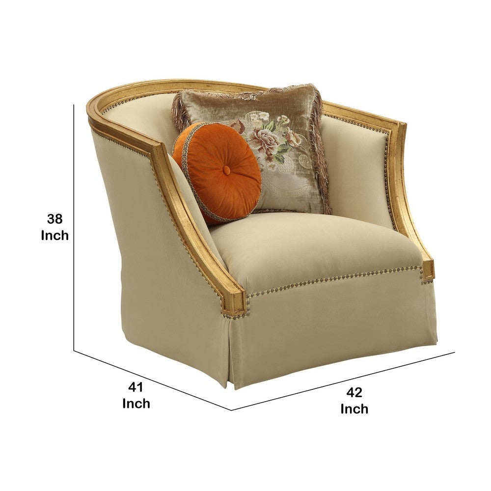 41 Inch Modern Fabric Curved Accent Chair 2 Accent Pillows Gold Beige By Casagear Home BM220348