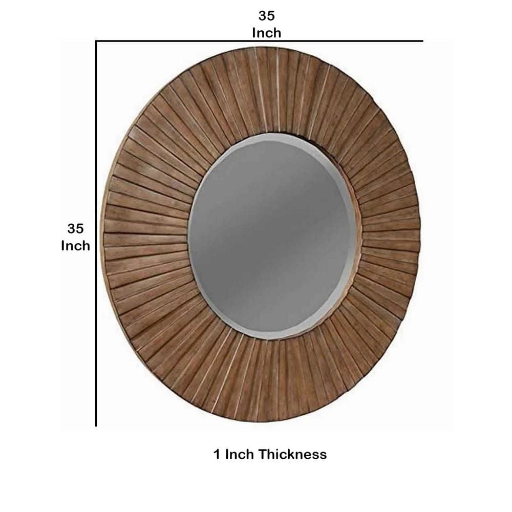 35 Round Mirror with Sunburst Design Wooden Frame Brown By Casagear Home BM220483