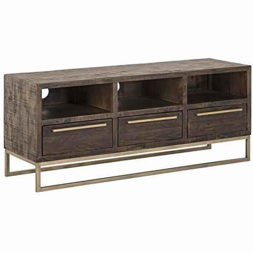 52" 3-Drawer TV Console with Sled Metal Base, Brown & Gold By Casagear Home