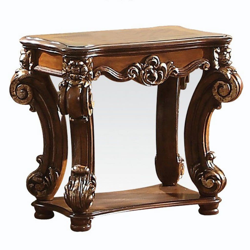 Intricately Carved Wooden Side Table with Scrolled Legs,Brown By Casagear Home