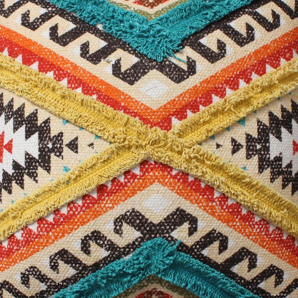 18 x 18 Square Cotton Accent Throw Pillow Aztec Tribal Inspired Pattern Trimmed Fringes Multicolor By The Urban Port BM221647