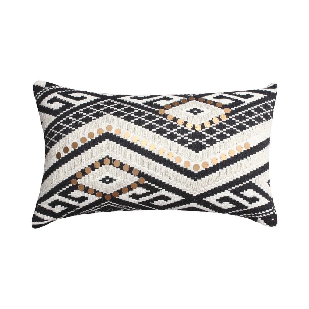 12 x 20 Rectangular Handwoven Jacquard Accent Lumbar Throw Pillow, Sequins, Geometric Design, White, Black By The Urban Port