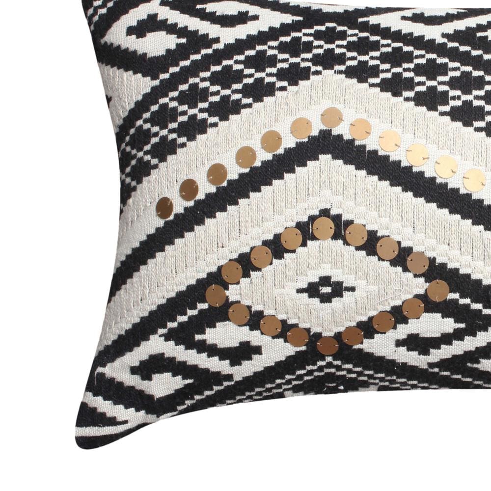 12 x 20 Rectangular Handwoven Jacquard Accent Lumbar Throw Pillow Sequins Geometric Design White Black By The Urban Port BM221673