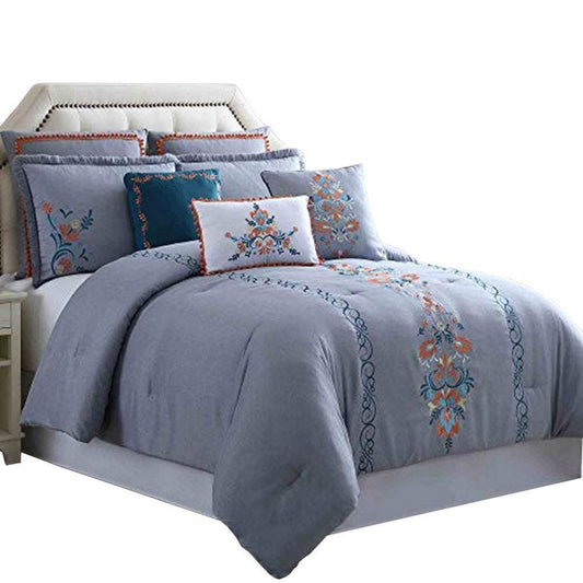 Odense 8 Piece Queen Comforter Set with Floral Embroidery , Multicolor By Casagear  Home