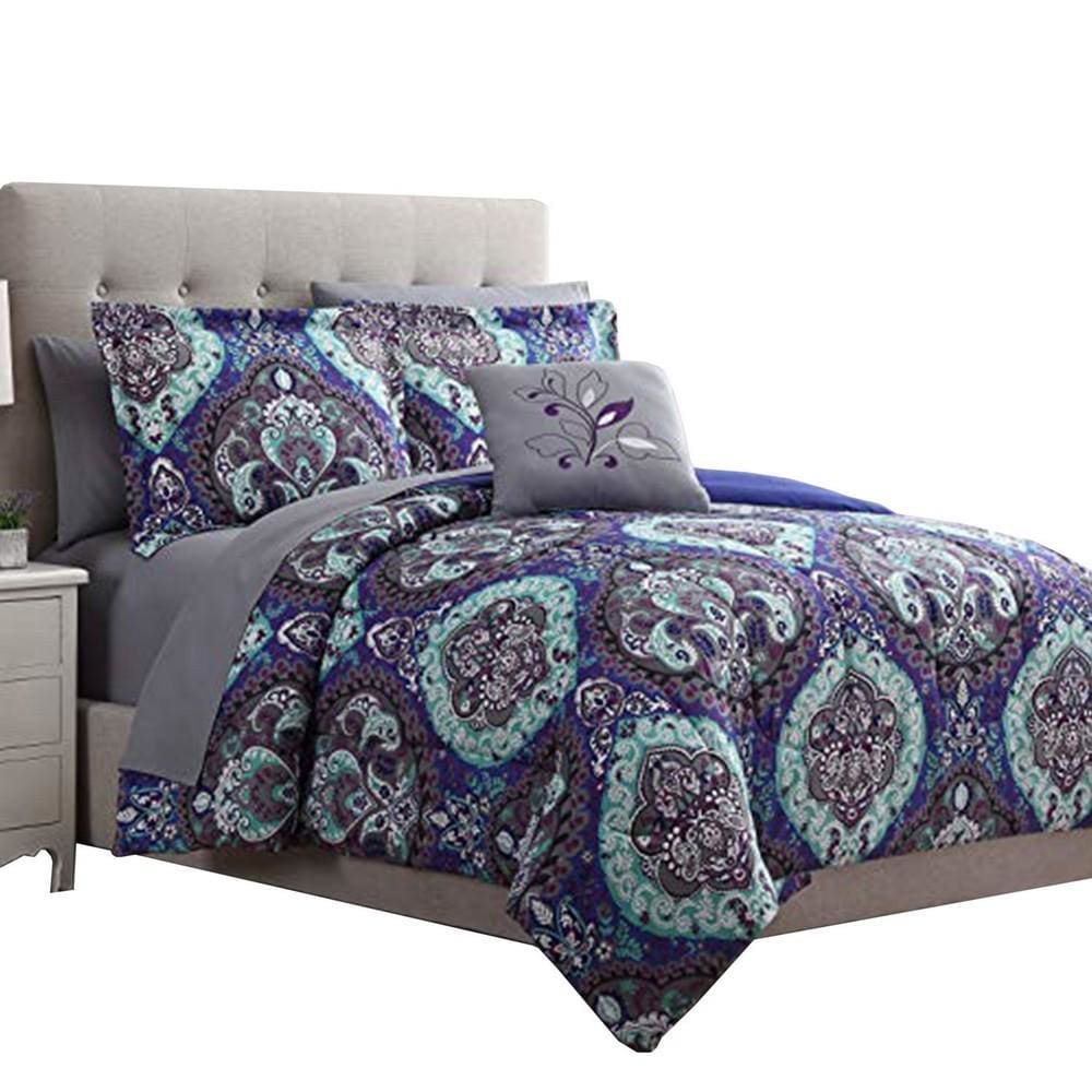 Split 6 Piece Reversible Printed Twin Size Complete Bed Set , Blue By Casagear  Home