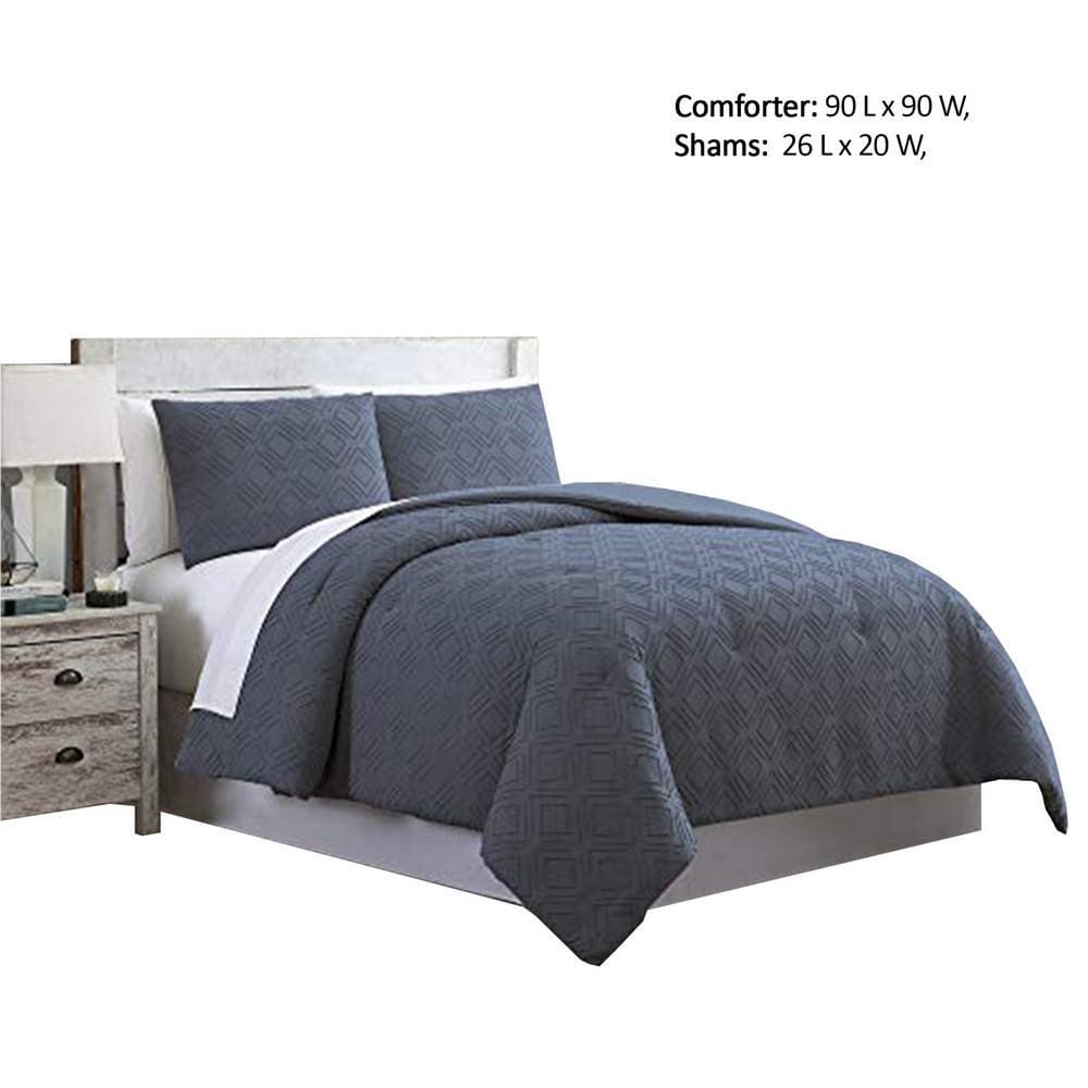 Gothenburg 3 Piece Diamond Pattern Queen Size Comforter Set,Navy Blue By Casagear Home BM222788