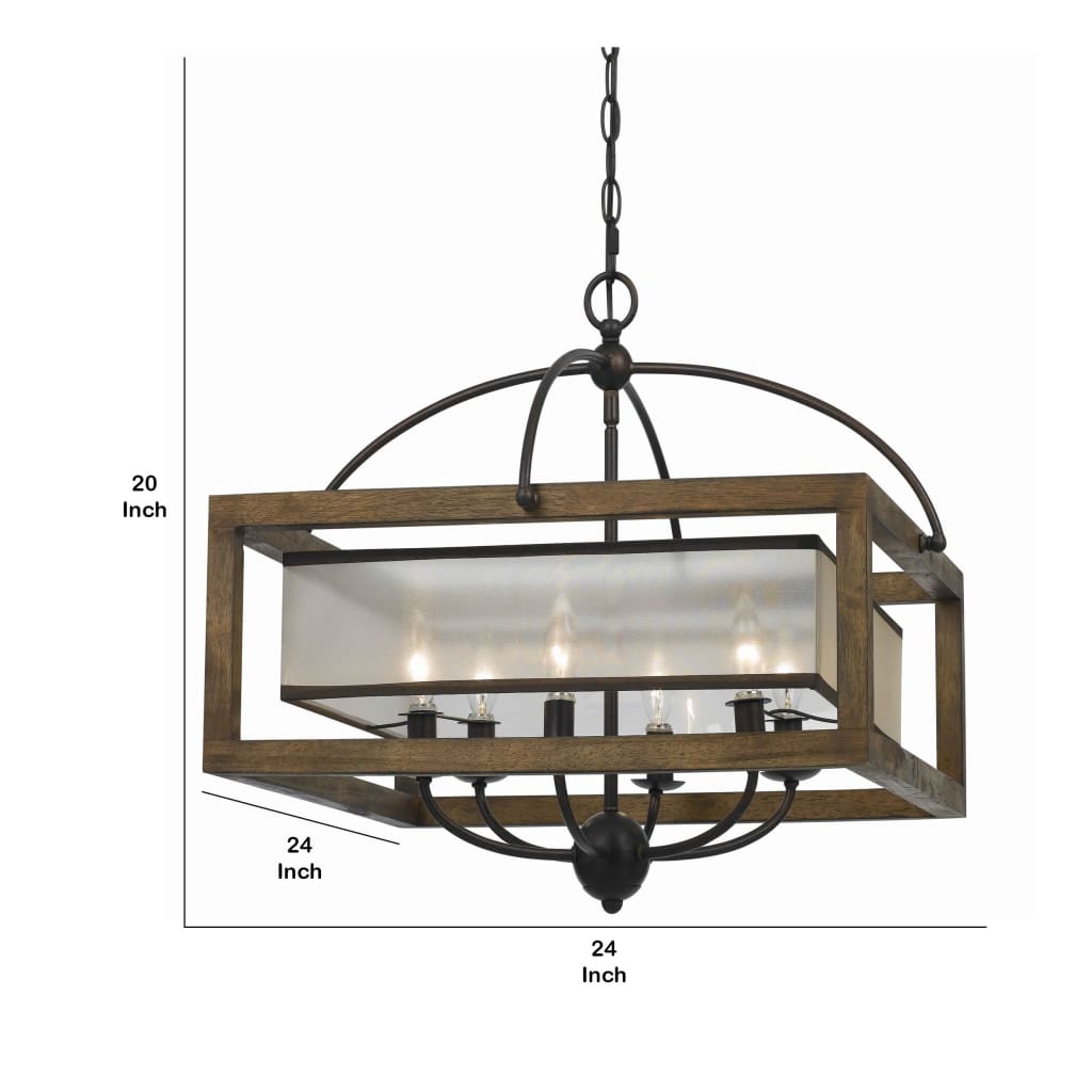 6 Bulb Square Chandelier with Wooden Frame and Organza Striped Shade Brown By Casagear Home BM223594