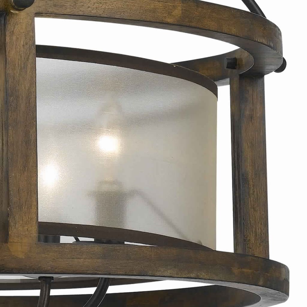 5 Bulb Round Chandelier with Wooden Frame and Organza Striped Shade Brown By Casagear Home BM223597