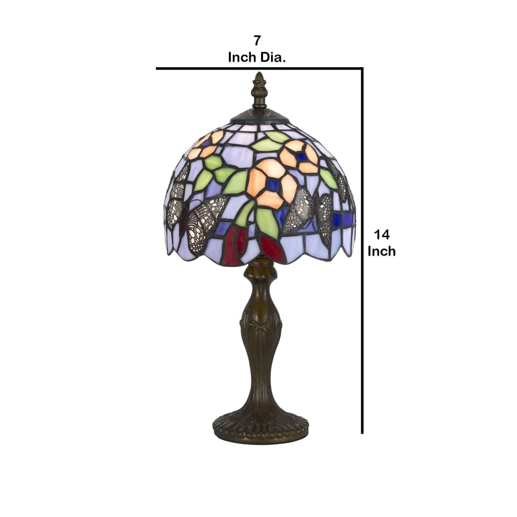 Metal Body Tiffany Table Lamp with Butterfly Design Shade Multicolor By Casagear Home BM223641