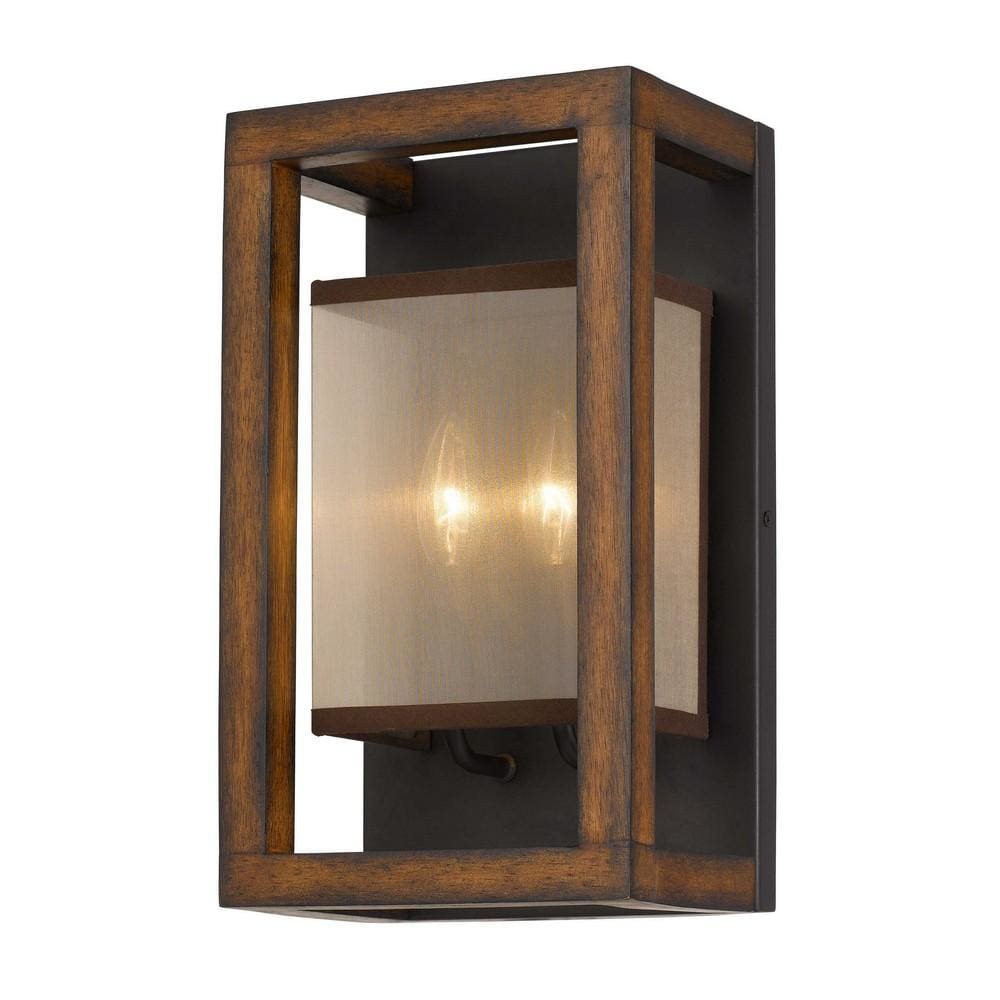 40 X 2 Watt Wooden Wall Sconce with Organza Shade, Walnut Brown By Casagear Home