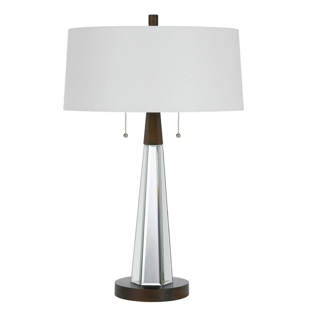 Fabric Shade Table Lamp with Faceted Mirror and Wooden Base, White By Casagear Home