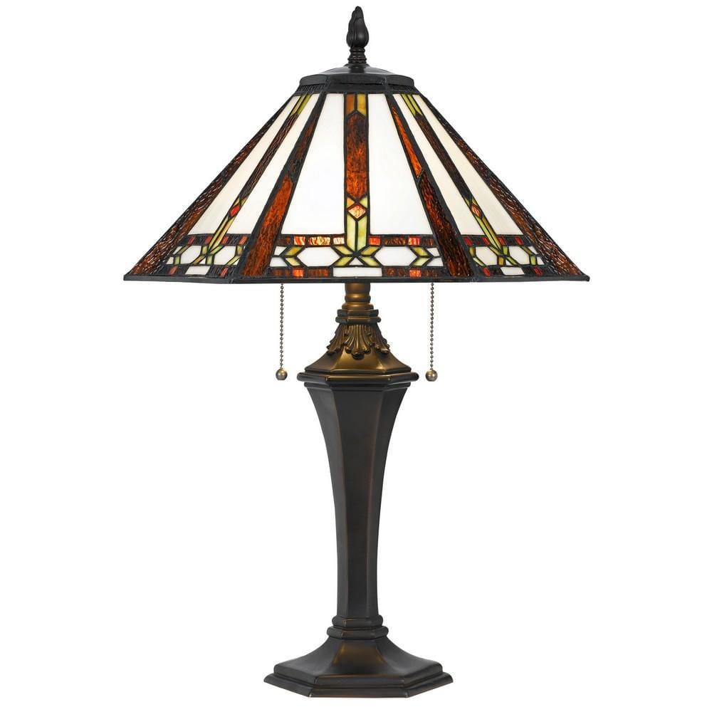 Tiffany Table Lamp with 2 Pull Switches and Resin Pedestal Body, Bronze By Casagear Home