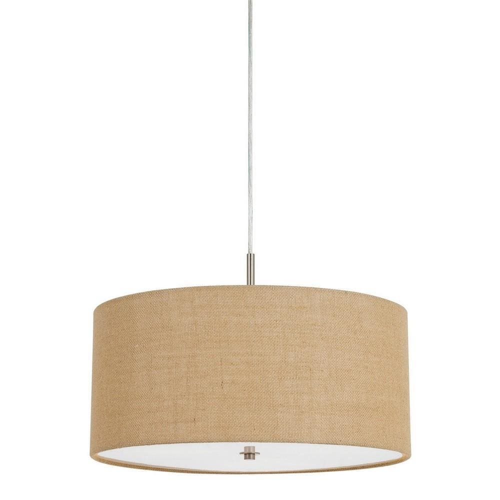 Metal Pendant Lighting with Fabric Circular Drum Shade and Cord, Beige By Casagear Home