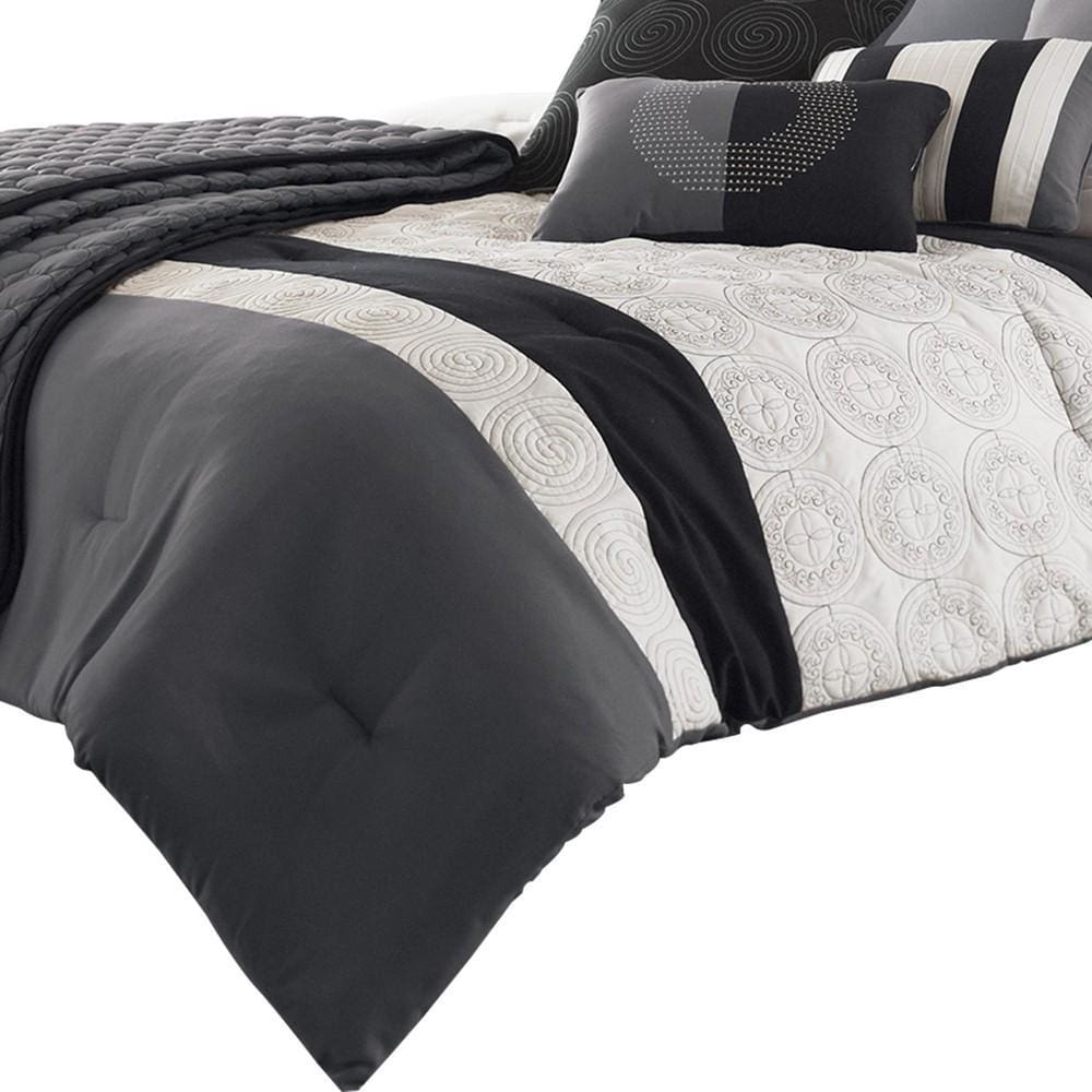 7 Piece Queen Cotton Comforter Set with Geometric Print Gray and Black By Casagear Home BM225150