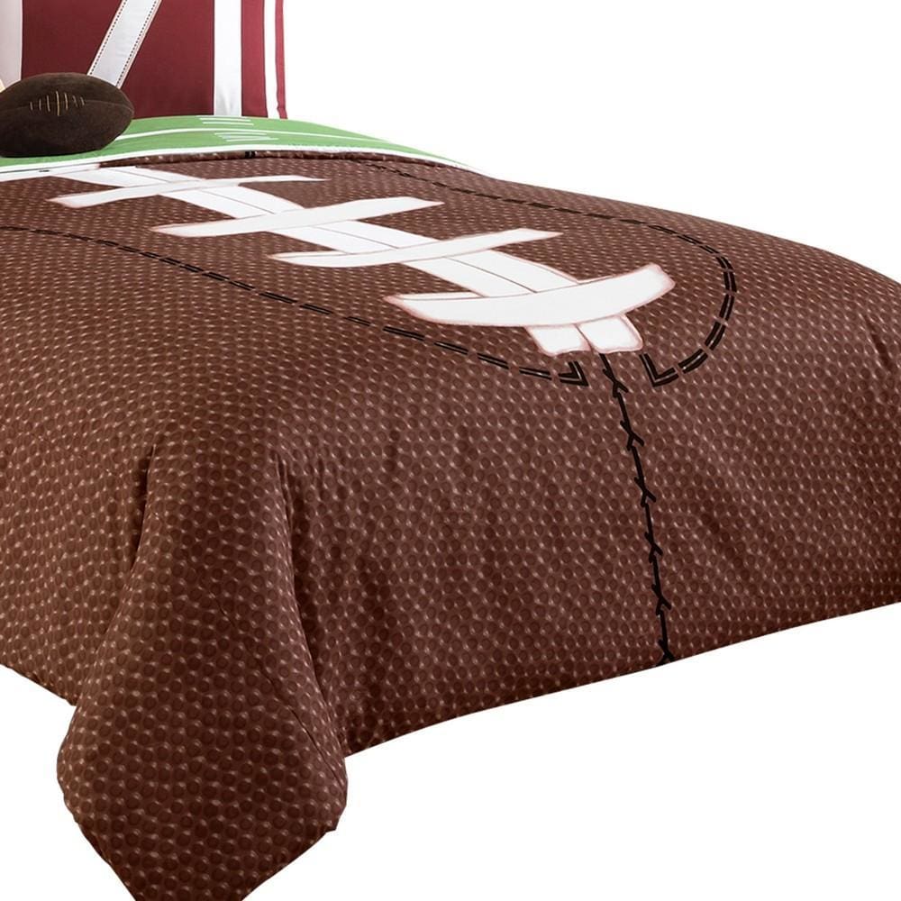 5 Piece Twin Comforter Set with Football Field Print Brown and Green By Casagear Home BM225153