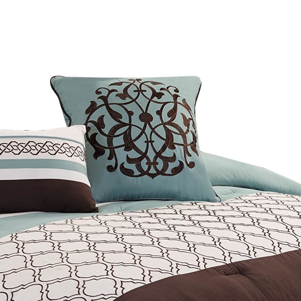 Quatrefoil King Size 8 Piece Fabric Comforter Set Brown and Blue By Casagear Home BM225203