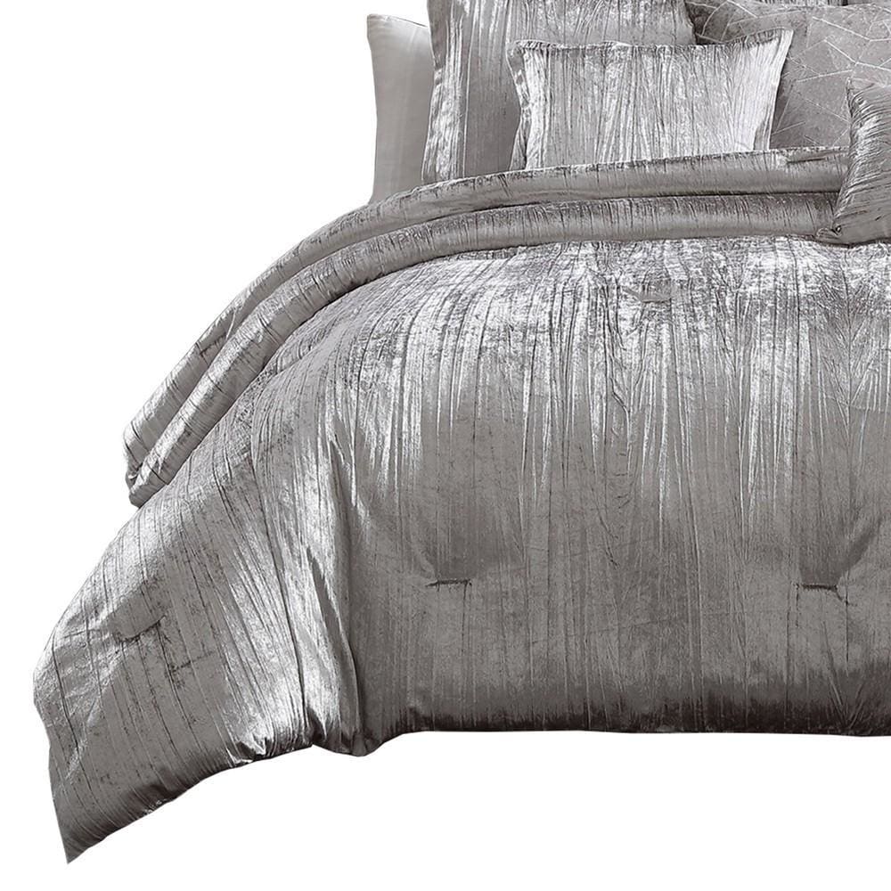 King Size 7 Piece Fabric Comforter Set with Crinkle Texture Silver By Casagear Home BM225205