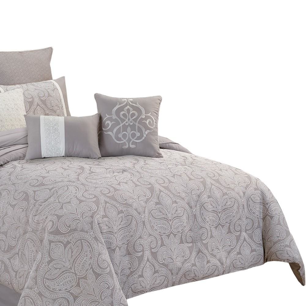 King Size 10 Piece Fabric Comforter Set with Medallion Prints White By Casagear Home BM225209