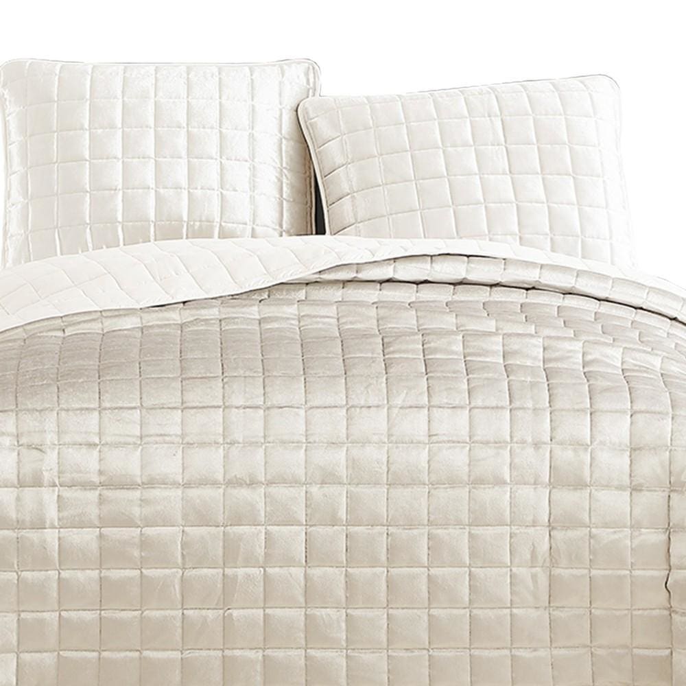 3 Piece King Size Coverlet Set with Stitched Square Pattern Cream By Casagear Home BM225233